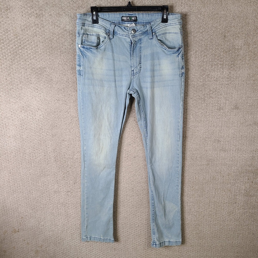 Free Planet Jeans Men 32x32 Blue Slim Fit Cotton Stretch Light Wash Denim Casual